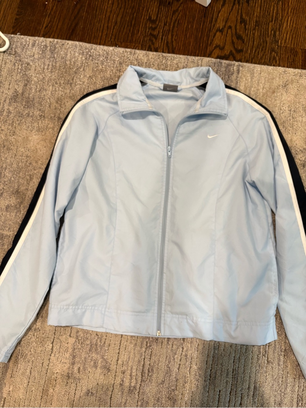 Nike Baby Blue Women’s Track Jacket with Black and White Stripes